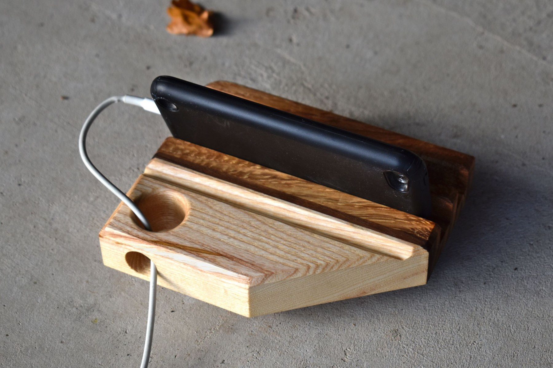 Device holder: oak, ash & a black walnut strip